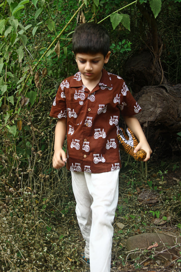 Tractor Print Earth Brown Shirt